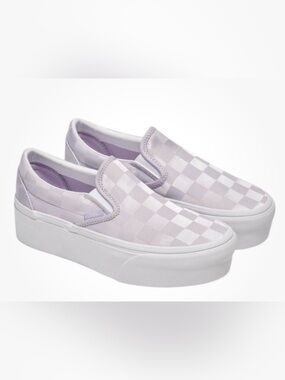 NEW VANS Satin Purple Lavender Lilac Checkered Platform Slip-on Shoes SZ 10